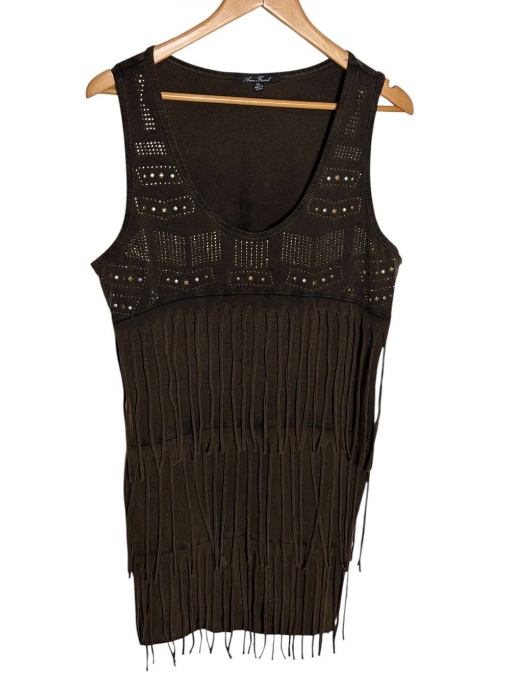 Brown acid wash fringe embellished western mini dress size XL